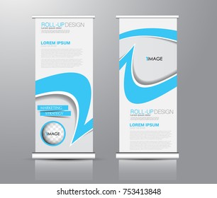 Roll up banner stand template. Abstract background for design,  business, education, advertisement. Blue color. Vector  illustration.