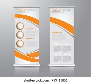 Roll up banner stand template. Abstract background for design,  business, education, advertisement. Orange color. Vector  illustration.