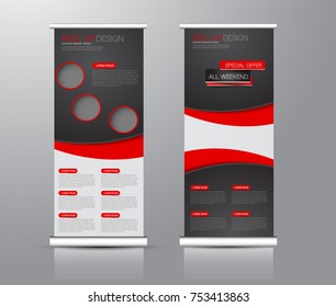 Roll up banner stand template. Abstract background for design,  business, education, advertisement. Red and black color. Vector  illustration.