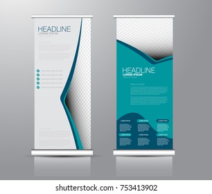 Roll up banner stand template. Abstract background for design,  business, education, advertisement. Blue color. Vector  illustration.