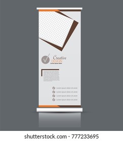 Roll up banner stand template. Abstract background for design,  business, education, advertisement. Vector  illustration. Brown and orange color.