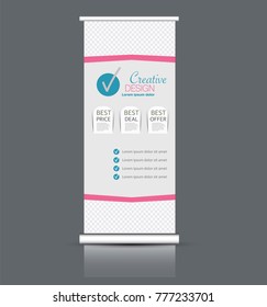 Roll up banner stand template. Abstract background for design,  business, education, advertisement. Vector  illustration. Pink and blue color.