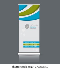 Roll up banner stand template. Abstract background for design,  business, education, advertisement. Vector  illustration. Blue and green color.