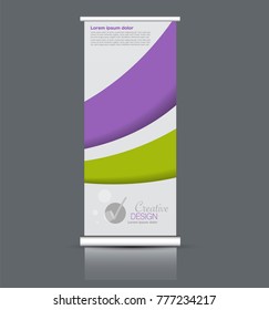 Roll up banner stand template. Abstract background for design,  business, education, advertisement. Vector  illustration. Purple and green color.