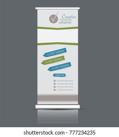 Roll up banner stand template. Abstract background for design,  business, education, advertisement. Vector  illustration. Blue and green color.