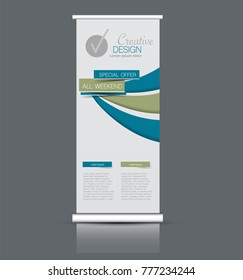 Roll up banner stand template. Abstract background for design,  business, education, advertisement. Vector  illustration. Blue and green color.