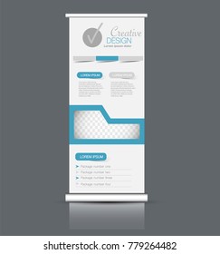 Roll up banner stand template. Abstract background for design,  business, education, advertisement. Vector  illustration. Blue color.