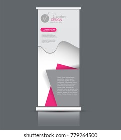 Roll up banner stand template. Abstract background for design,  business, education, advertisement. Vector  illustration. Pink color.