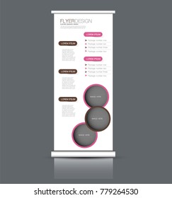 Roll up banner stand template. Abstract background for design,  business, education, advertisement. Vector  illustration. Pink and brown color.