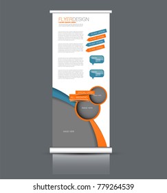 Roll up banner stand template. Abstract background for design,  business, education, advertisement. Vector  illustration. Blue and orange color.