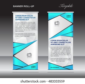 roll up banner stand template, blue stand design,banner design, pull up,  flyer template, advertisement, polygon background