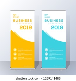 Roll up banner stand template design. Yellow Banner. Creative Blue poster. advertisement, pull up, vector illustration, business flyer, display, x-banner, presentation.