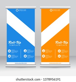 Roll up banner stand template design. Vertical banner template. Vector illustration. Blue and orange color.