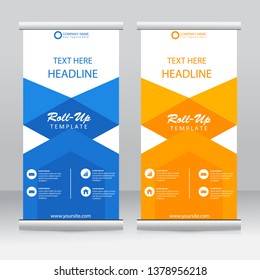 Roll up banner stand template design. Vertical banner template. Vector illustration. Blue and orange color.