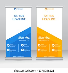 Roll up banner stand template design. Vertical banner template. Vector illustration. Blue and orange color.
