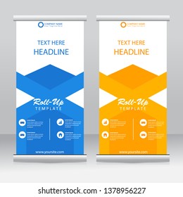 Roll up banner stand template design. Vertical banner template. Vector illustration. Blue and orange color.