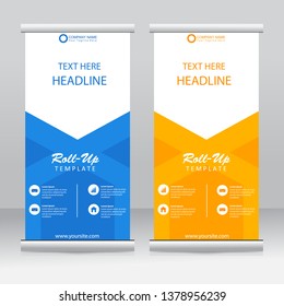 Roll up banner stand template design. Vertical banner template. Vector illustration. Blue and orange color.