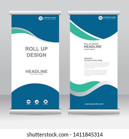 Roll up banner stand template design. Vertical banner template. Universal stand for conference, seminar, exhibitions, promo banner vector background. Modern publication x-banner and flag-banner.