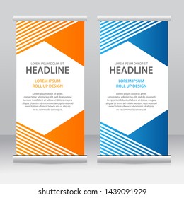 Roll up banner stand template design. Vertical banner template. Universal stand for conference, seminar, exhibitions, promo banner vector background. Modern publication x-banner and flag-banner.