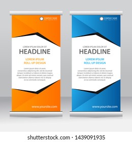 Roll up banner stand template design. Vertical banner template. Universal stand for conference, seminar, exhibitions, promo banner vector background. Modern publication x-banner and flag-banner.