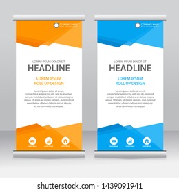 Roll up banner stand template design. Vertical banner template. Universal stand for conference, seminar, exhibitions, promo banner vector background. Modern publication x-banner and flag-banner.
