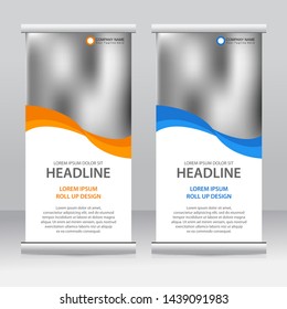Roll up banner stand template design. Vertical banner template. Universal stand for conference, seminar, exhibitions, promo banner vector background. Modern publication x-banner and flag-banner.