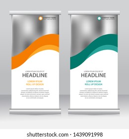 Roll up banner stand template design. Vertical banner template. Universal stand for conference, seminar, exhibitions, promo banner vector background. Modern publication x-banner and flag-banner.