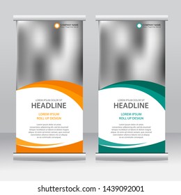 Roll up banner stand template design. Vertical banner template. Universal stand for conference, seminar, exhibitions, promo banner vector background. Modern publication x-banner and flag-banner.
