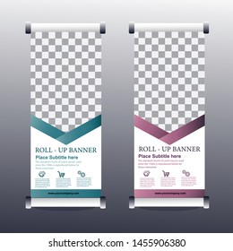 Roll up banner stand template design. Vertical banner template. Universal stand for conference, seminar, exhibitions, promo banner vector background. Modern publication x-banner and flag-banner.