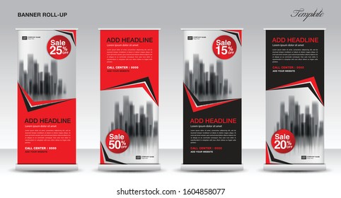 Roll up banner stand template design, Promotion Banner template, x-banner, pull up, Advertisement, creative concept, Presentation, red and black background, poster, events, display, j-flag, vector
