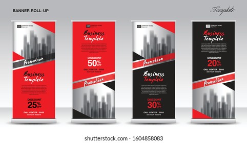 Roll up banner stand template design, Promotion Banner template, x-banner, pull up, Advertisement, creative concept, Presentation, red and black background, poster, events, display, j-flag, vector
