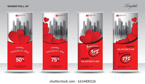 Roll up banner stand template design for valentine's day, Promotion Banner template, x-banner, pull up, holiday events, display, j-flag, Advertisement, Red heart background creative concept, vector.