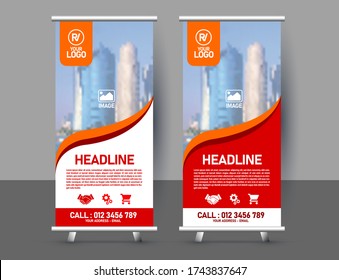 Roll up banner stand template design, Red and orange banner layout, advertisement, pull up, polygon background, vector illustration, business flyer, display, x-banner, info graphics, presentation