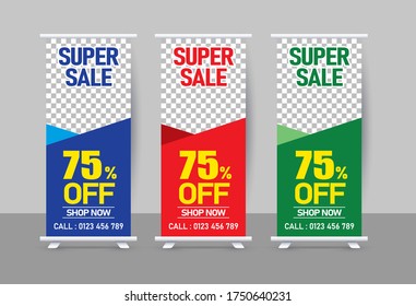 Roll up banner stand template design. Super sale and 75% off blue, red, green vector illustration banner