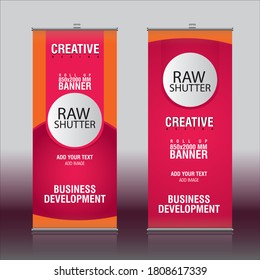 Roll up banner stand template design, advertisement, pull up, polygon background, vector illustration, business flyer, display, flag-banner, info graphics