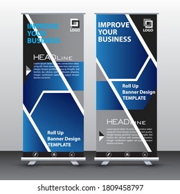 Roll-up-Banner-Ständer-Design, blaues Bannerlayout, Werbung, Aufziehen, mehrsprachiger Hintergrund, Vektorgrafik, Geschäftsflyer, Display, x-Banner, Flaggenbanner, Präsentation