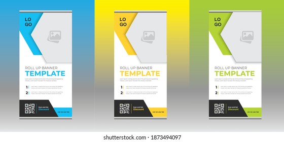 Roll up banner stand template design, blue banner layout, advertisement, pull up, polygon background, vector illustration, business flyer, display, x-banner, flag-banner, infographics