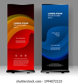 Roll up banner stand template design. wave style, for brochure, flyer, infographics. modern advertising. vector illustration