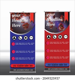 Roll up banner stand template design advertisement, flyer display vector illustration hospital,school,university ,projects,virus.
