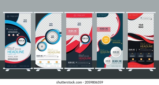 Roll up banner stand template design Roll up banner stand template design, Blue banner layout, advertisement, pull up, polygon background, vector illustration, business flyer, display, x-banner,