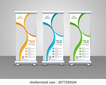 Roll up banner stand template design, vector illustration, exhibition display, advertisement, Universal stand for conference, presentation, promo banner vector background.