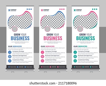 Roll up banner stand template design, Blue banner layout, advertisement, pull up, polygon background, vector illustration, business flyer, display, x-banner, flag-banner, infographics, presentation