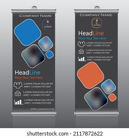 Roll up banner stand design de plantilla. Plantilla de banner vertical. stand universal para conferencia, seminario, exhibiciones, banner promocional de fondo vectorial. Diseño de colores azul y naranja. 