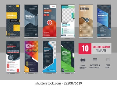Roll up banner stand template design bundle, advertisement, pull up, polygon background, vector illustration, business flyer, display, x-banner, flag-banner, infographics, presentation