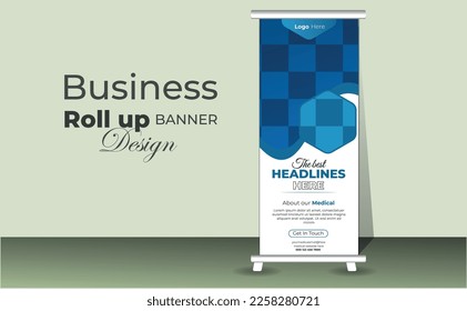 Roll up banner stand template design, Blue banner layout, advertisement.polygon background, vector illustration,roll up business vector,