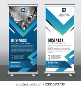 Roll up banner stand template design, Blue banner layout, advertisement, pull up, polygon background, vector illustration, business flyer, display, x-banner, flag-banner, infographics, presentation