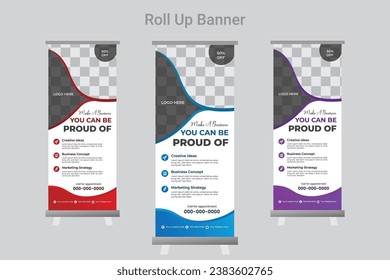  Roll up banner stand design de plantilla. Roll de negocios. Diseño estándar. Plantilla de banner. Juego de Acumulación de Negocios. Diseño estándar.