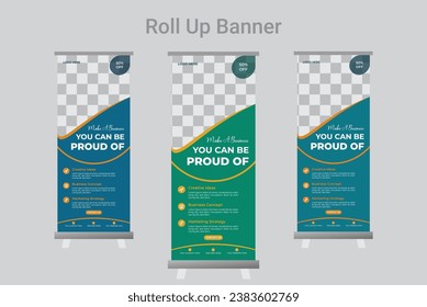  Roll up banner stand design de plantilla. Roll de negocios. Diseño estándar. Plantilla de banner. Juego de Acumulación de Negocios. Diseño estándar.