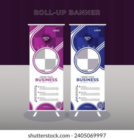 Roll up banner stand template design, advertisement, pull up, 
polygon background, vector illustration, business Rollup.