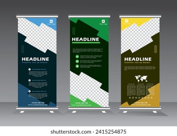 Roll up banner stand template design set, Vertical banner template. Universal stand for conference, seminar, exhibitions, promo banner vector background. Modern publication x-banner and flag-banner